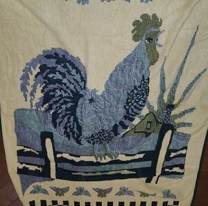 Vintage blue Double Sided Rooster Bird Fuzzy Wool Throw blanket 58" x 80"